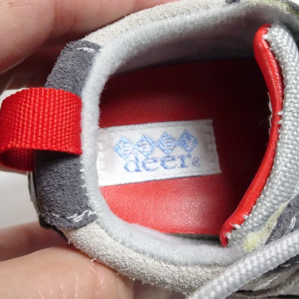 2 Sets Of Vintage Infant shoes. White pair and a Gray/Red pair.